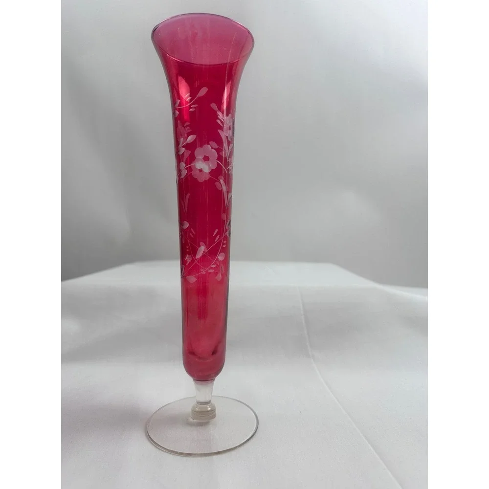 2 Vintage Ruby Red Glass Bud‎ Handblown Vases Etched Floral Design